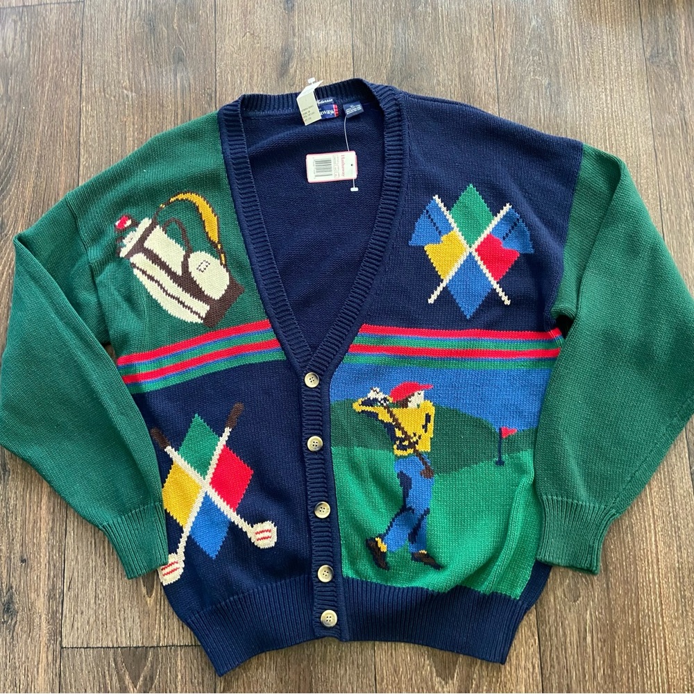 New with Tags vintage Hathaway Golf argyle knit graphic cardigan sweater XL